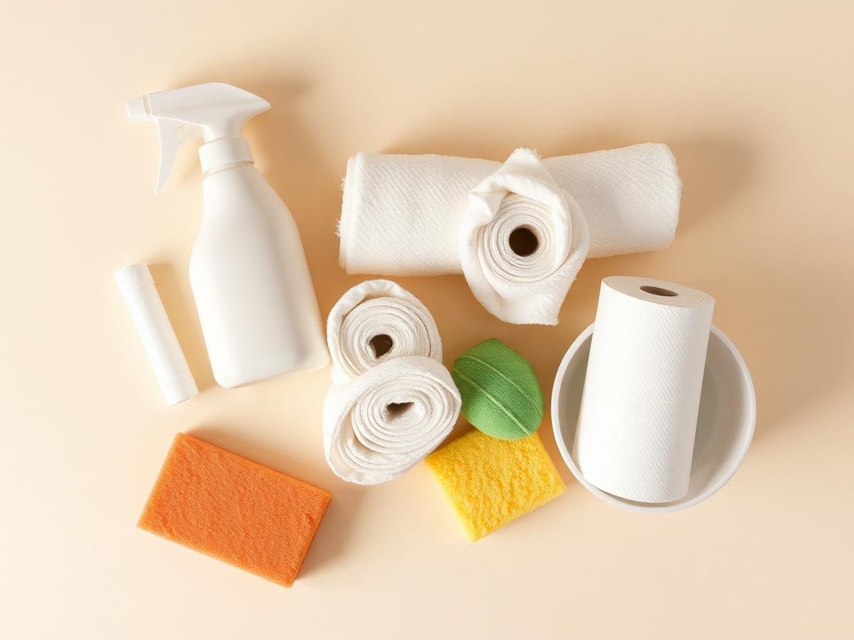 Cleaning supplies arranged in a bright facility space